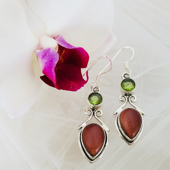 Jewelry - .925 Sterling Silver Earrings Goldstone & Peridot